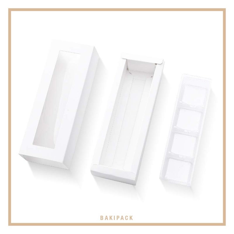 BAKIPACK 20 Truffle Boxes, Chocolate Boxes, White Candy Boxes with 4-Piece Plastics Tray (Tray Size with 5.75x1.25 Inches), Pull Out Packing with Clear Window Sleeves, White - Image 5